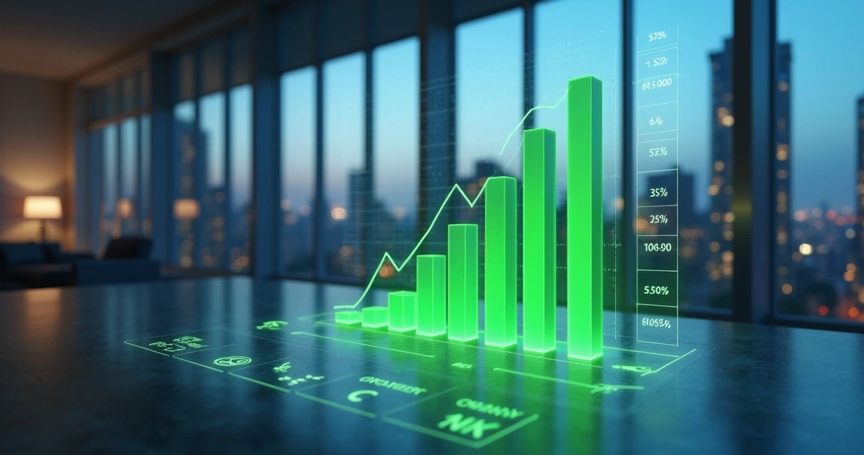 Painel com gráfico de ROI destacado ao lado de imóvel de leilão no fundo 