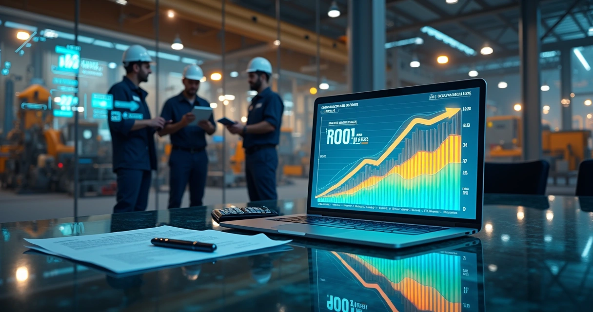 Gráfico de ROI em ascensão sobre fundo de fábrica industrial com equipe de manutenção 