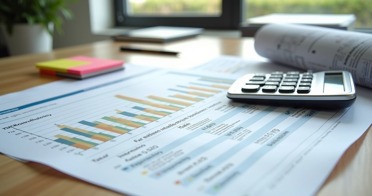 Planilha com gráfico de parcelas decrescentes de financiamento ao lado de planta de imóvel 
