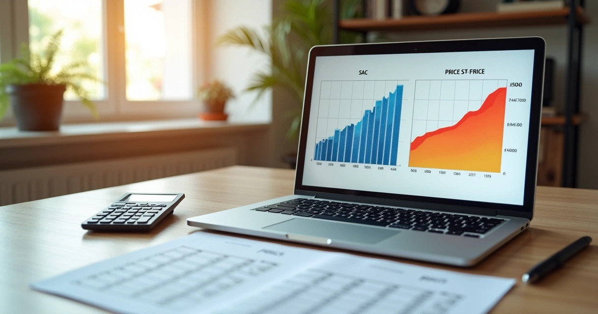 Tela de notebook com dois gráficos de financiamento sac e price lado a lado 