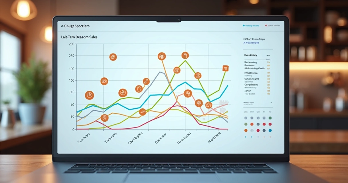Gráfico de linha mostrando variação de vendas de alimentos por estação do ano 