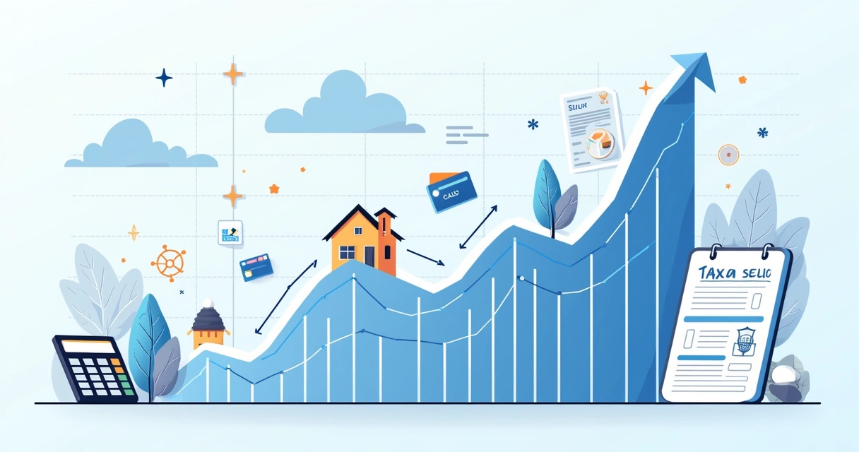 Gráfico financeiro mostrando a SELIC subindo, ícones de empréstimos e investimentos, pauteando impacto econômico.