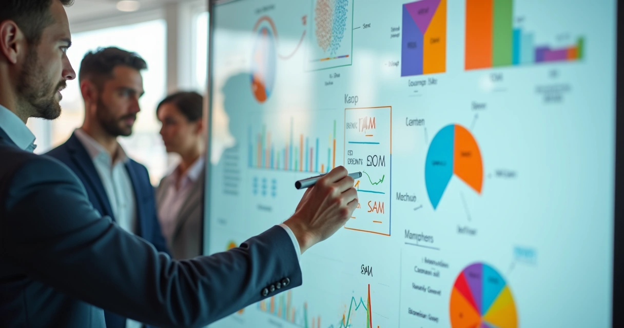 Gráfico TAM, SAM, SOM para vendas B2B em lousa digital 