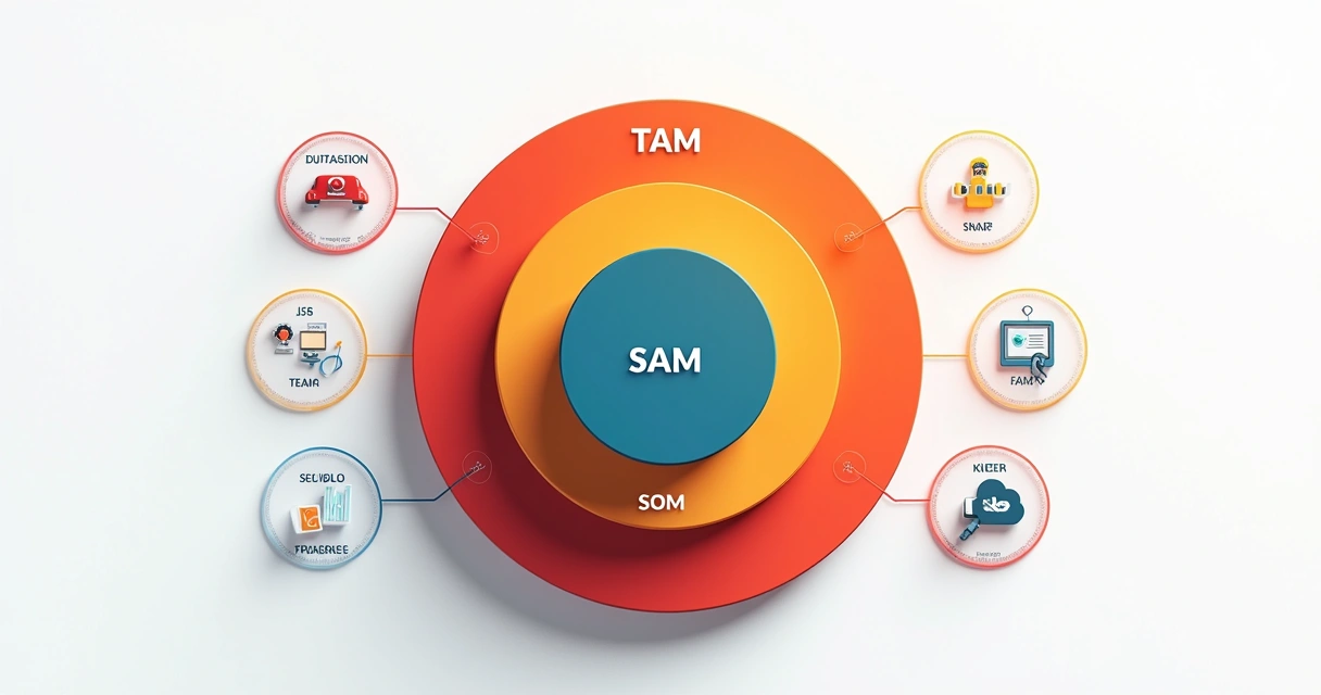 Gráfico em camadas ilustrando TAM, SAM e SOM no mercado B2B 