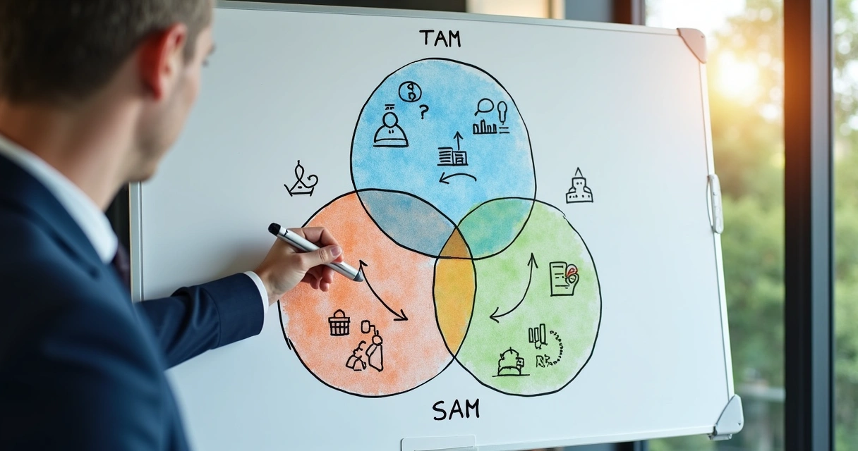 Venn diagram mostrando TAM, SAM e SOM de empresas 
