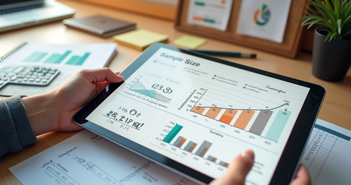 Pesquisador ajusta gráfico de tamanho amostral em tablet sobre mesa com símbolos matemáticos 