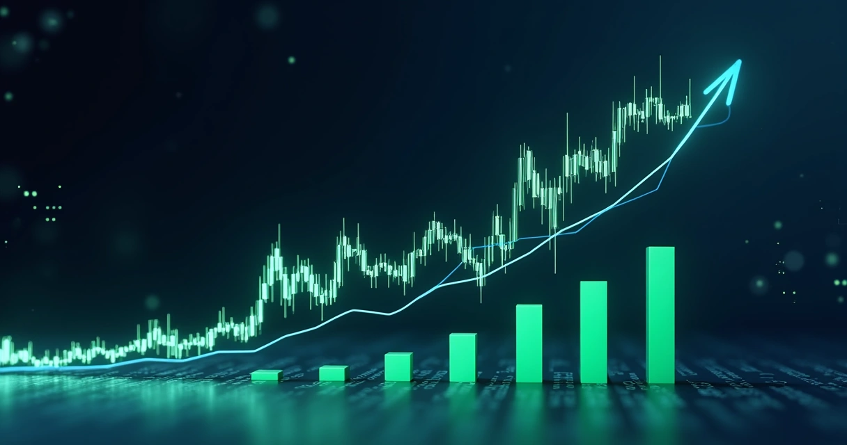 Gráfico digital mostrando tendência de alta com linhas ascendentes e indicadores de volume 