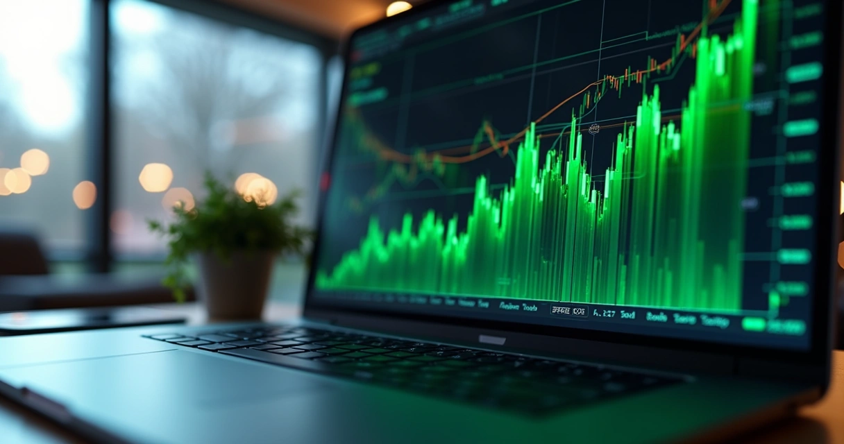 Gráfico financeiro com tendência de alta e velas verdes em destaque 