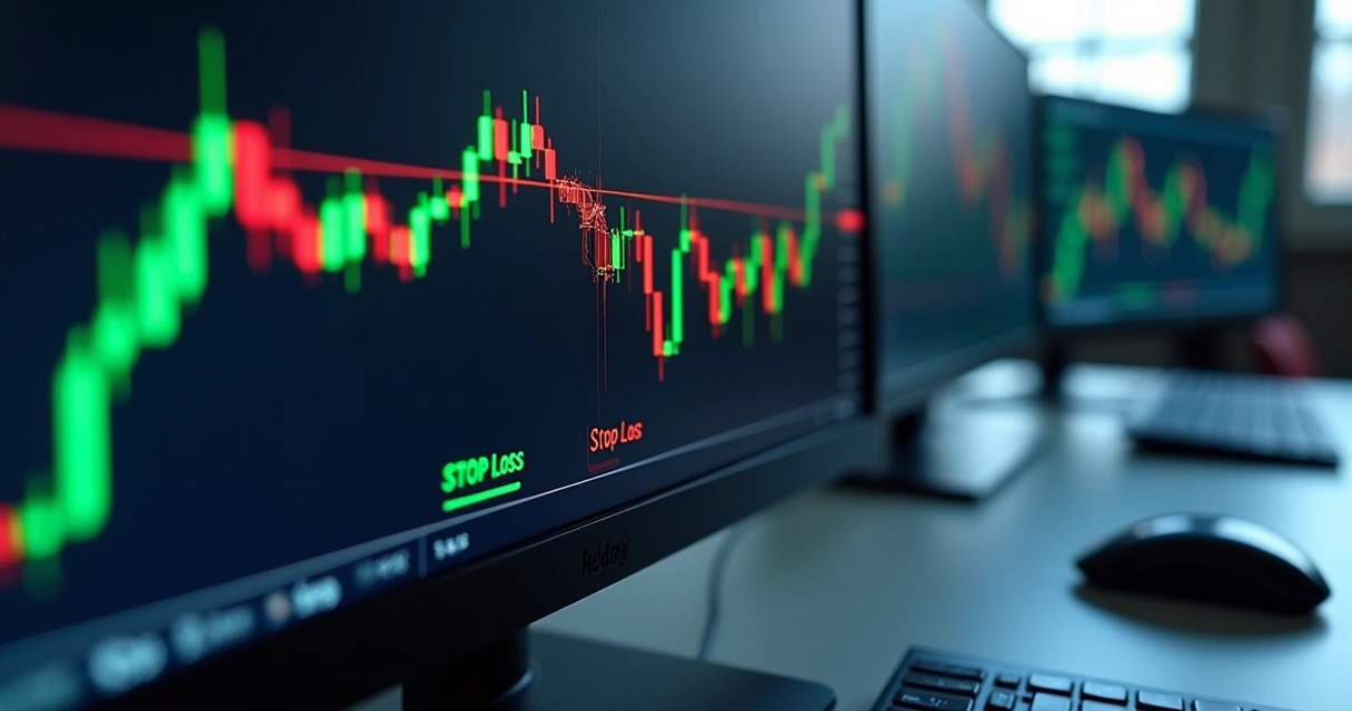 Tela de computador exibindo gráfico financeiro com linhas de stop loss e stop gain destacadas em verde e vermelho 