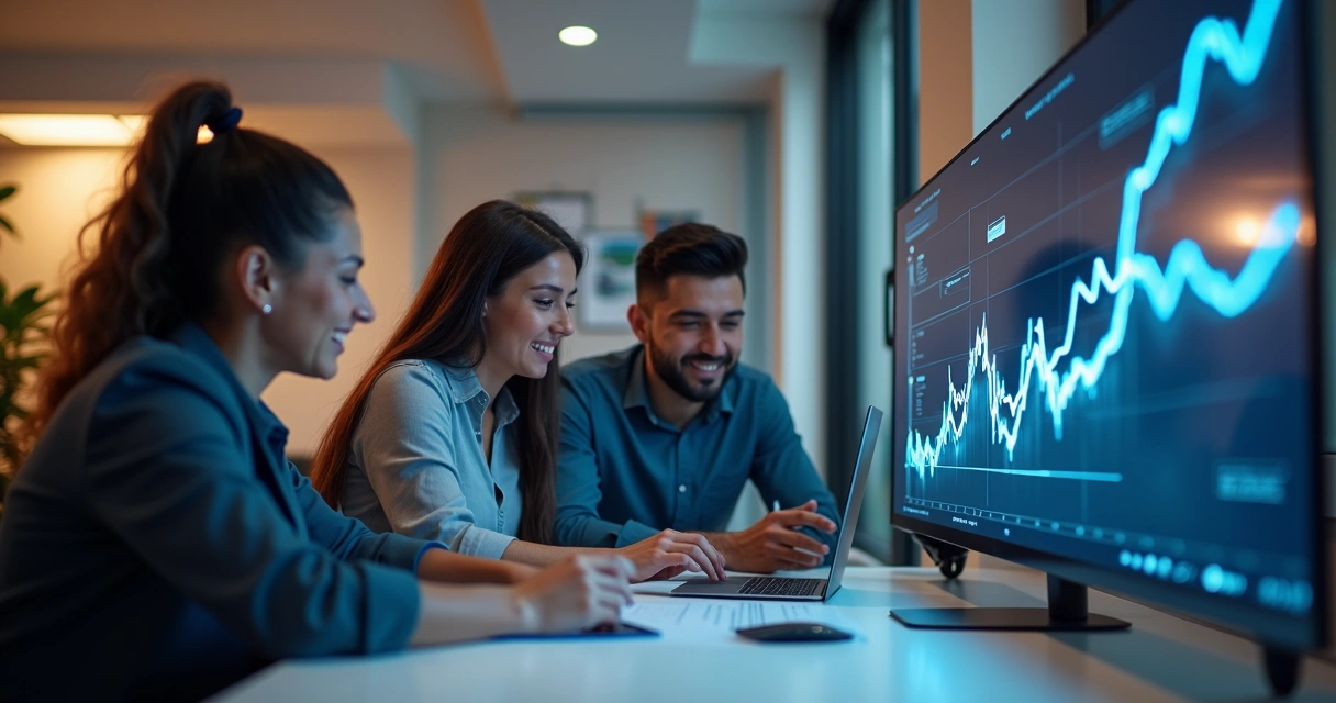 Gráfico de linha mostrando aumento de tráfego digital com equipe feliz 