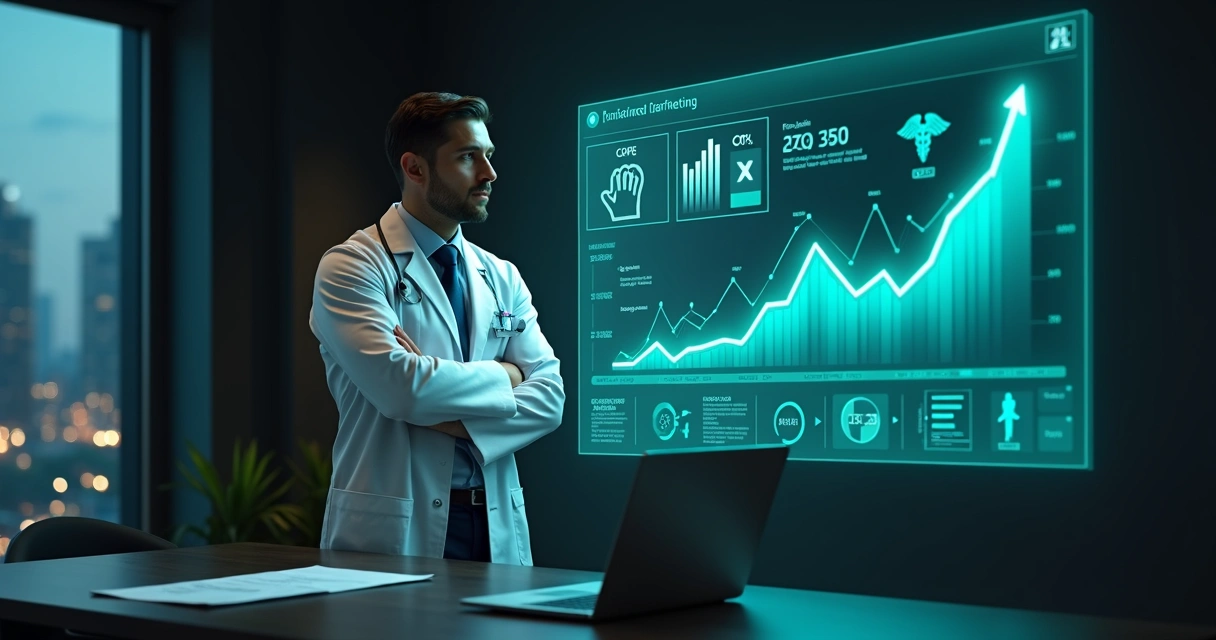 Médico ao lado de holograma mostrando gráfico de crescimento de anúncios online 