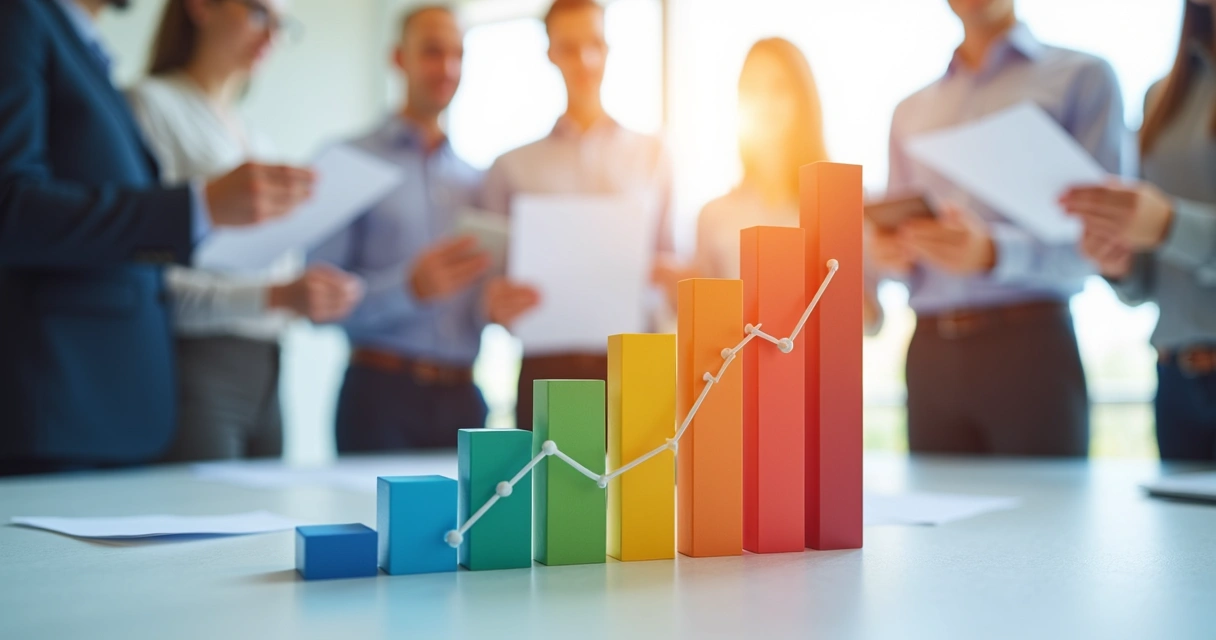 Gráfico colorido mostrando aumento do valor de empresa com pessoas ao fundo segurando papéis 