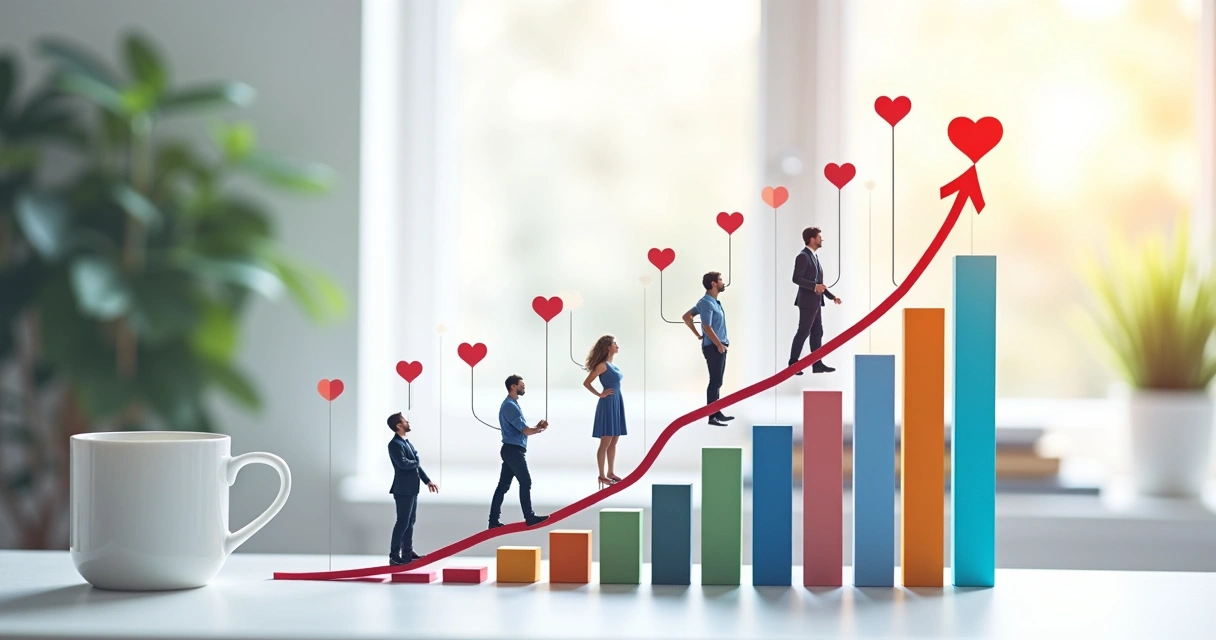 Gráfico colorido mostrando crescimento de valor humano com ícones de pessoas e resultados 