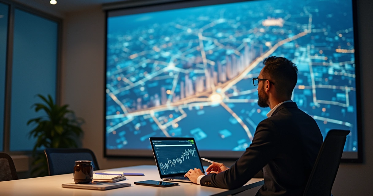 Pessoa analisando gráfico de valorização imobiliária em laptop com mapa urbano ao fundo