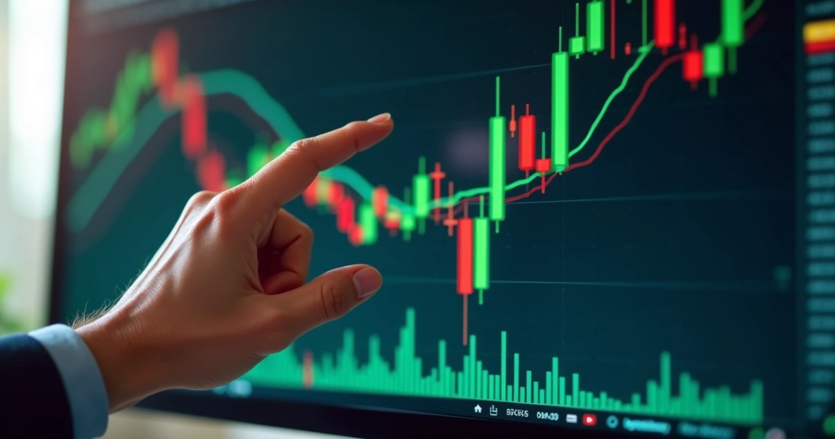 Gráfico com linha de preço de ação oscilando na tela de computador, com fundo escuro e elementos financeiros sutis