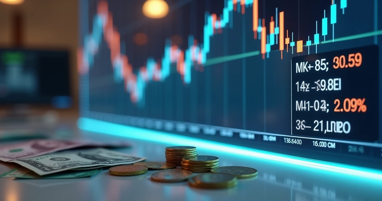 Gráfico de variação cambial com moedas de diferentes países e indicadores financeiros ao fundo 