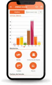 Tela de celular mostrando gráfico de vendas e ícones de relatórios financeiros