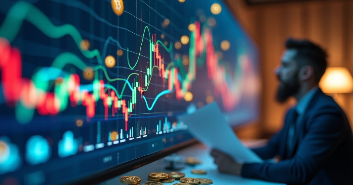 Gráfico com linhas voláteis e ícones de criptomoedas ao redor 