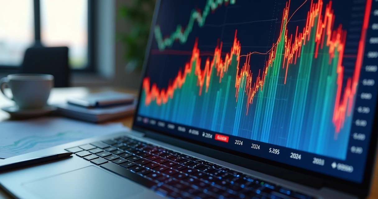Gráfico de linhas colorido mostrando a variação do dólar frente ao real em 2024 e 2025, com picos de alta e queda, sobre uma mesa de escritório com papéis de relatório