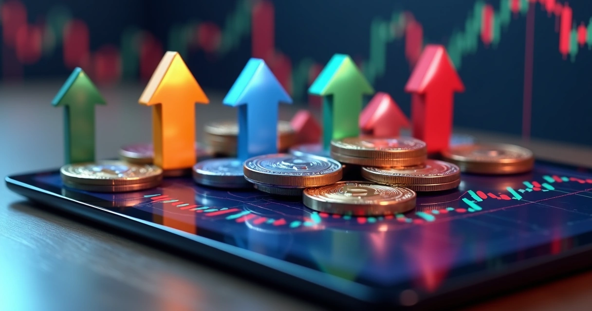 Gráfico de volatilidade financeira com moedas digitais e setas para cima e para baixo