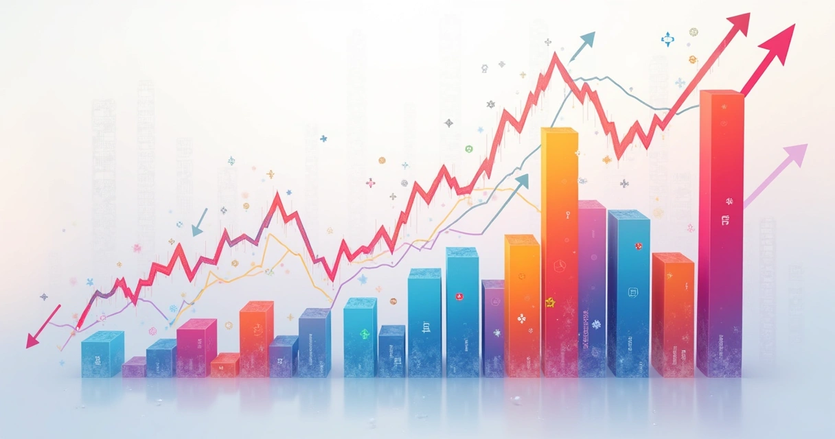 Gráfico colorido ilustrando oscilações dinâmicas de um mercado e barras destacando a volatilidade diária.