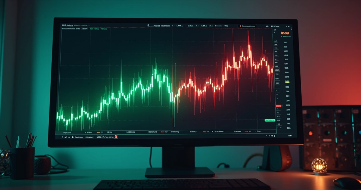 Gráfico digital com barras de volatilidade sobre tela de computador mostrando linhas de preços de criptomoeda 