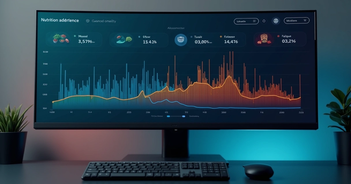 Gráficos de adesão sono e fadiga alinhados em painel clínico digital 