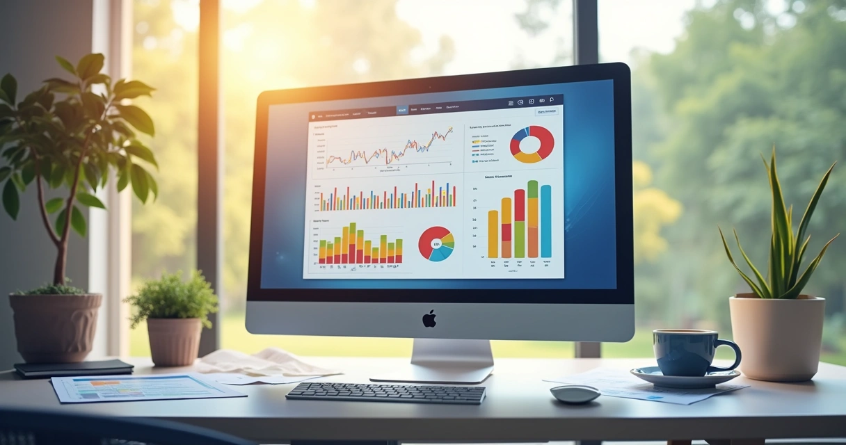 Gráficos coloridos de análise financeira em tela de computador com papéis ao redor 
