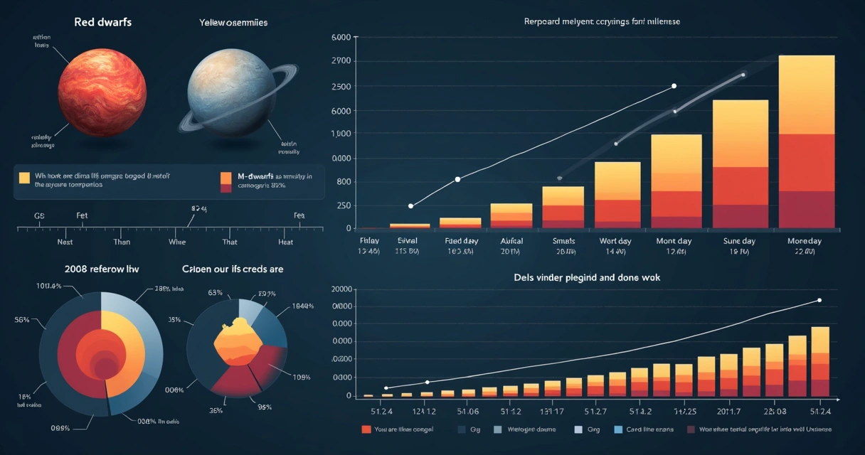 Gráficos estatísticos mostrando proporção de estrelas e surgimento da vida 