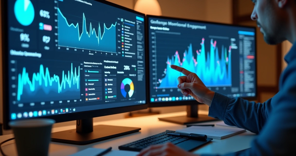 Gráficos coloridos de análise de métricas em telas de computador 