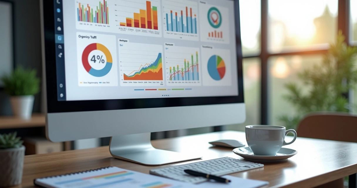 Gráficos de análise de resultados SEO em tela de computador 