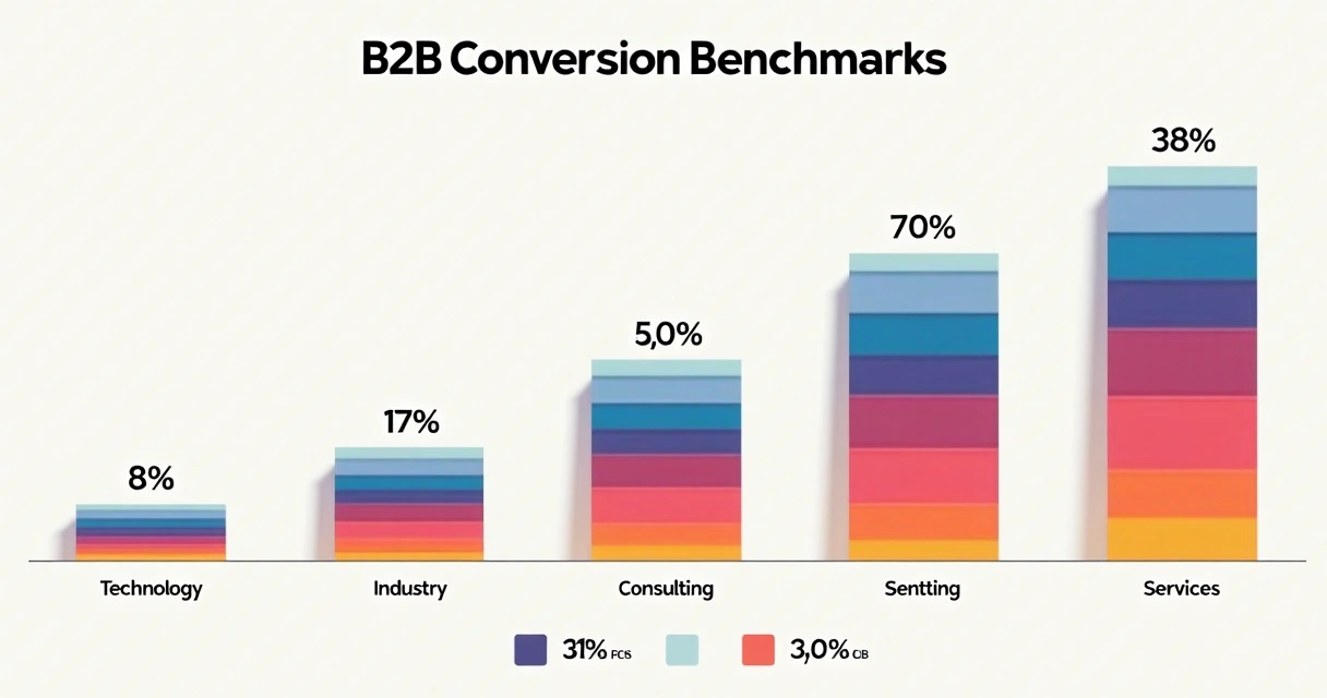 Gráficos coloridos mostrando benchmarks de conversão por setores B2B 