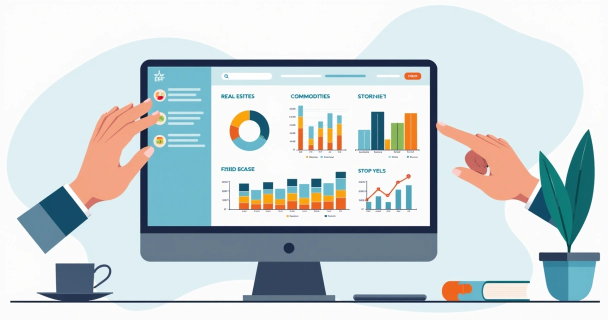 Painel mostrando gráficos coloridos e diferentes ativos em carteira 