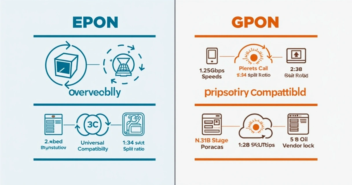 Gráficos comparando características técnicas do EPON e GPON 