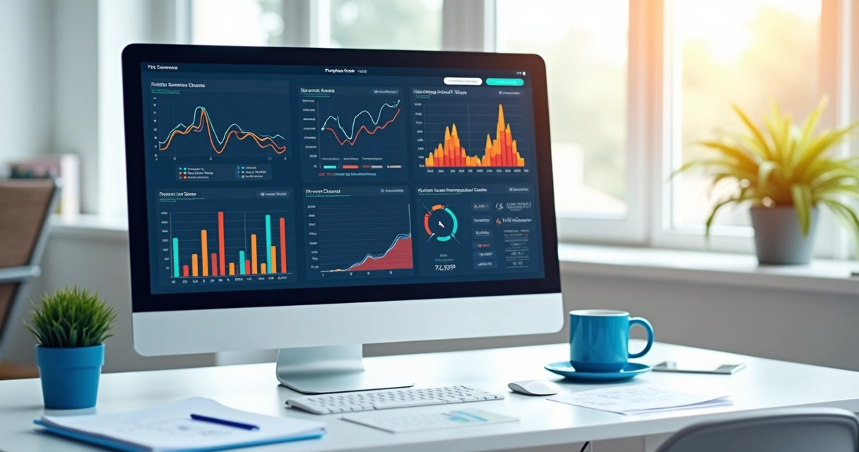 Gráficos comparativos coloridos em tela, indicando desempenho de vendas 