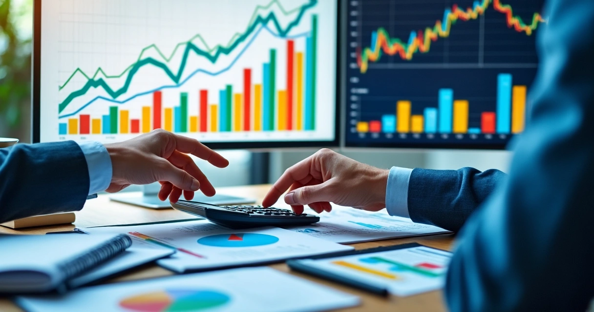 Gráficos financeiros indicando crescimento de receita mensal 