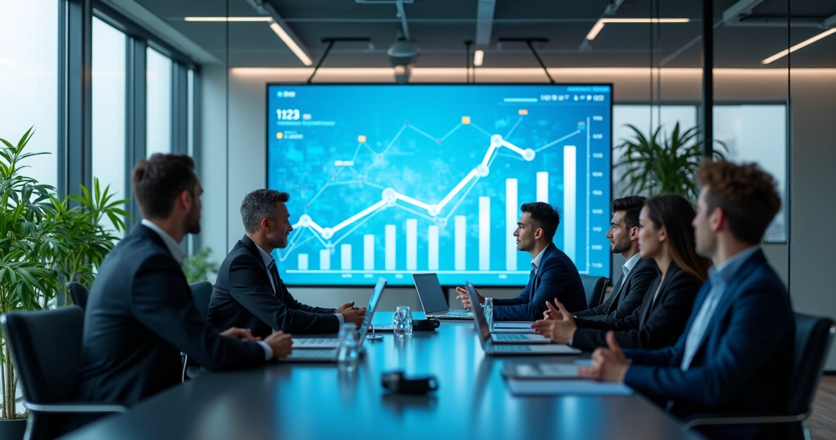 Telão com gráficos de crescimento em sala de reunião 