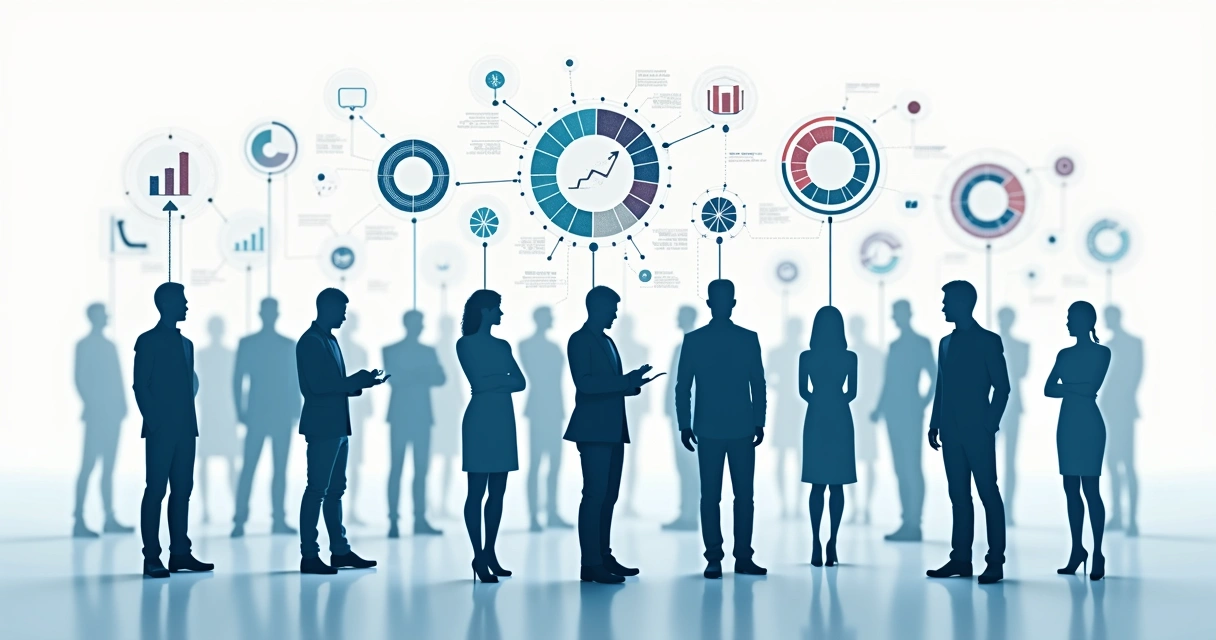 Ilustración de gráficos y siluetas de personas con flechas y conexiones, representando la cultura de equipo 