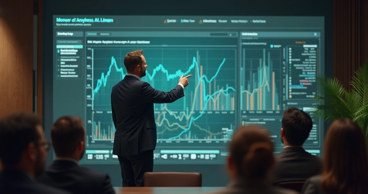 Advogado mostrando gráfico de dados jurídicos para audiência durante palestra 