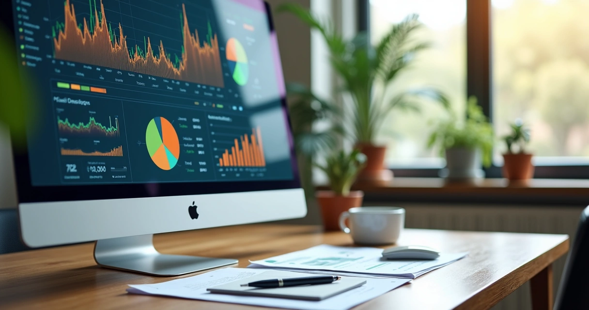 Dashboard financeiro com gráficos coloridos em tela de computador 