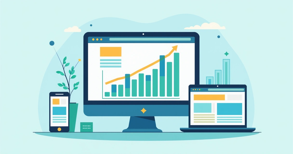 Gráfico colorido subindo ao lado de tela de site responsivo em computador 