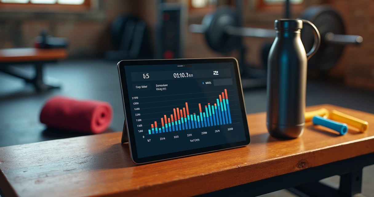 Gráfico digital de progresso e cargas de treino em tela de tablet 