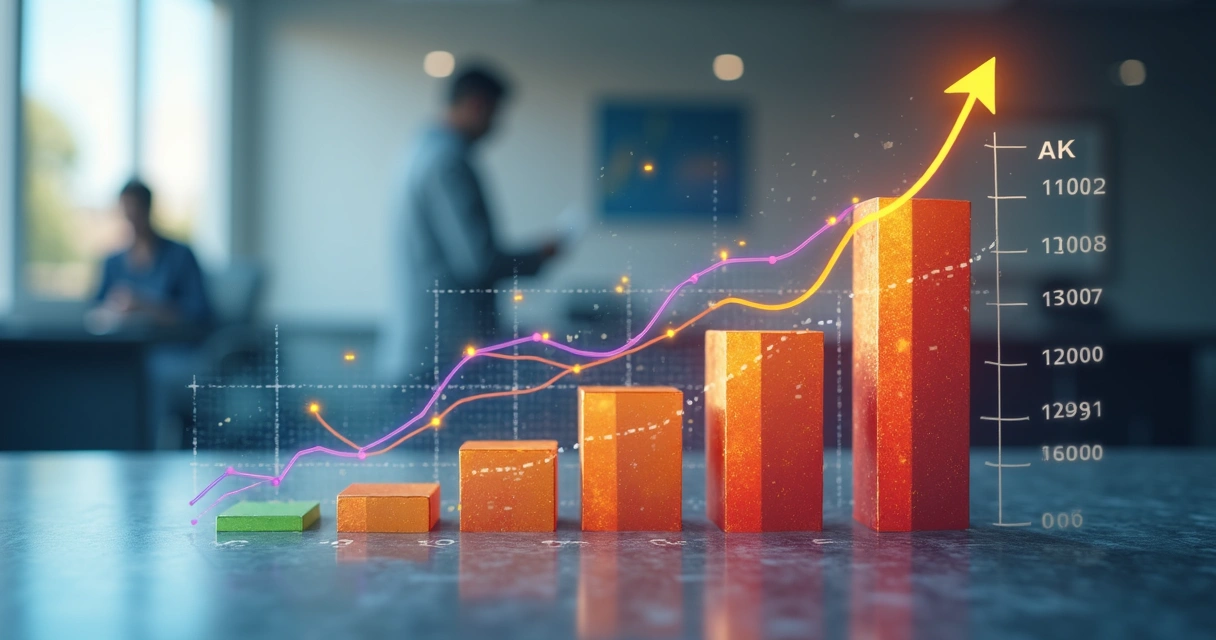 Gráfico com barras representando crescimento de faturamento recorrente e linhas que simbolizam impostos em diferentes períodos 