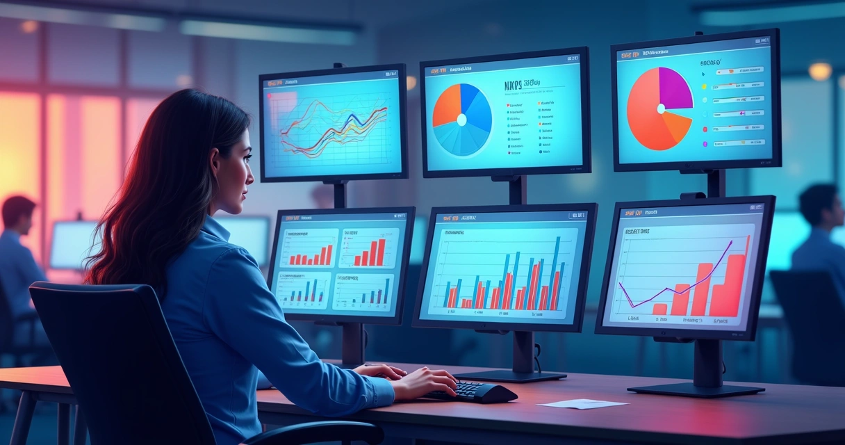 Dashboard de métricas NPS e CSAT em computadores de call center
