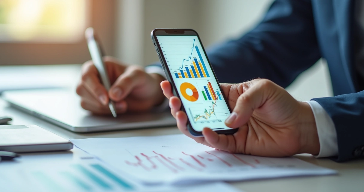 Tela de celular mostrando gráficos financeiros coloridos
