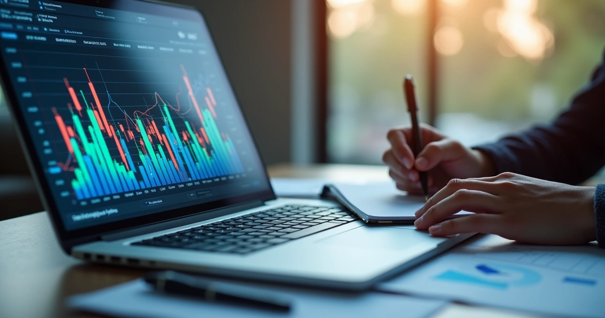 Gráficos financeiros coloridos e laptop em mesa de escritório de TI 
