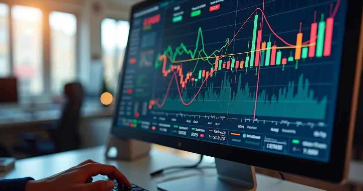 Monitor de computador mostrando gráficos de fluxo de caixa e dívidas empresariais. 