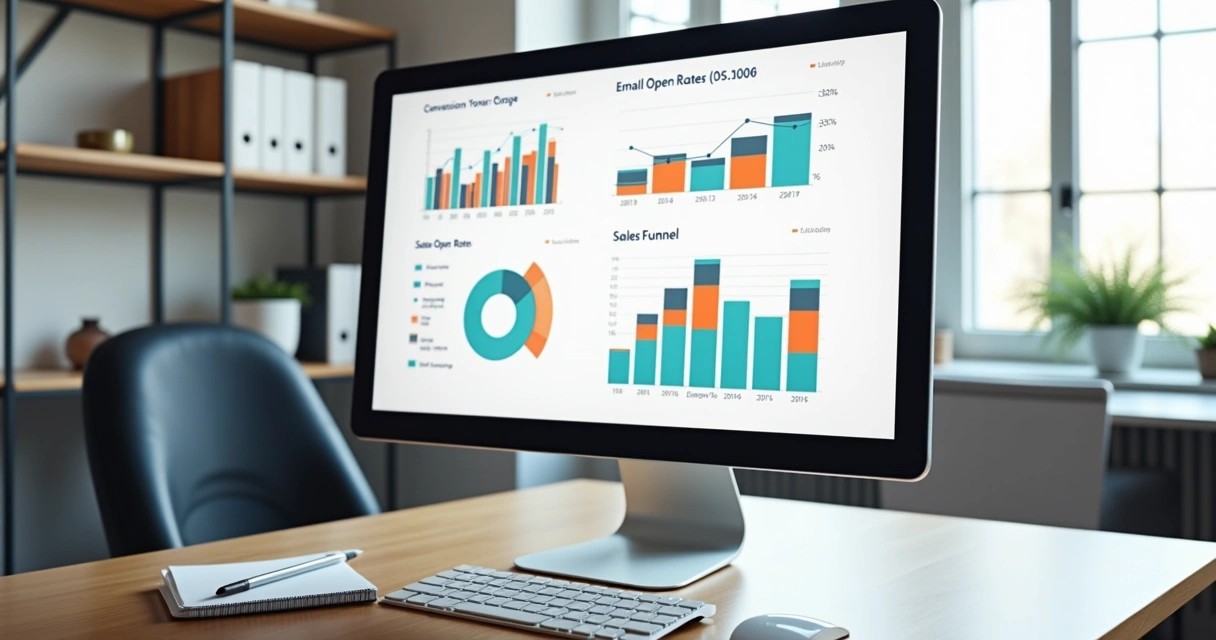 Gráficos mostrando taxas de conversão e aberturas de e-mails em tela de computador 