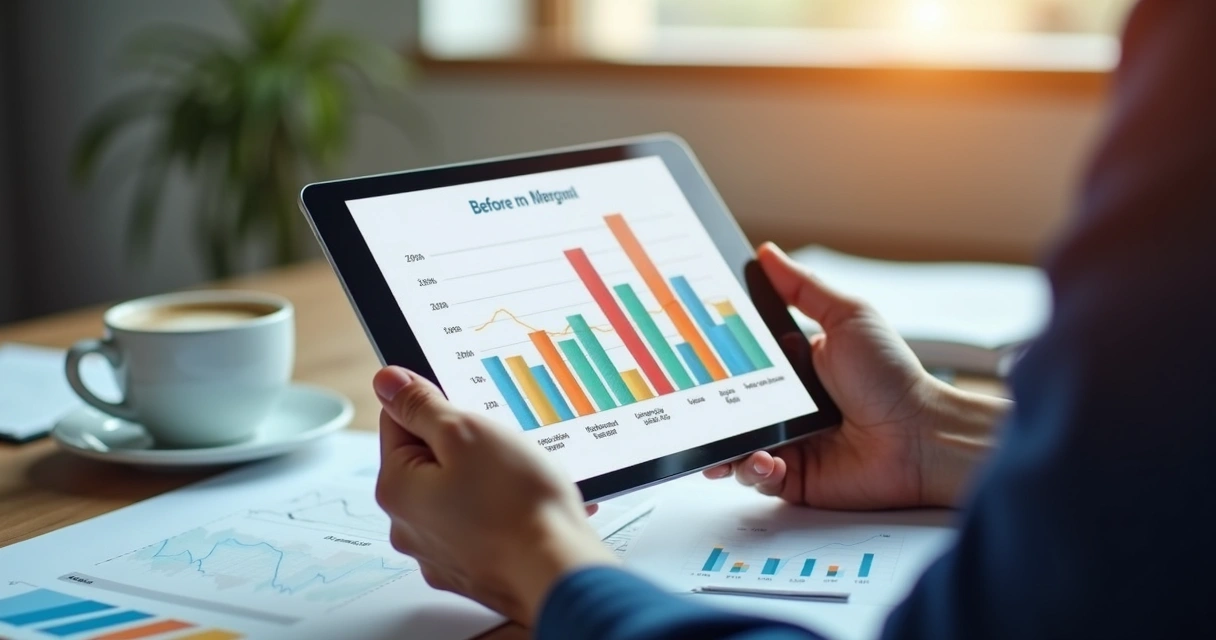 Gráficos coloridos mostrando evolução financeira após fusões