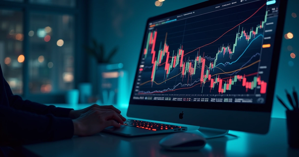 Gráfico de volatilidade financeira gerado por IA com linhas sobrepostas em tela escura